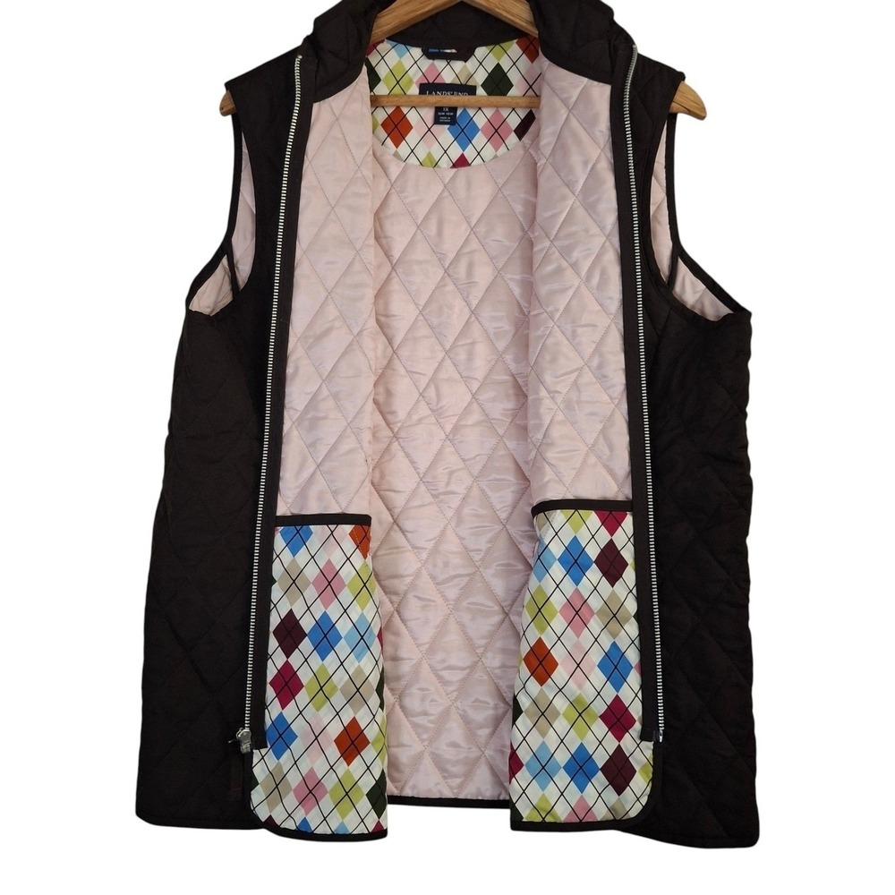 Lands End Quilted Vest Womens 1X Brown Diamond Pattern Argyle Lining Full Zip